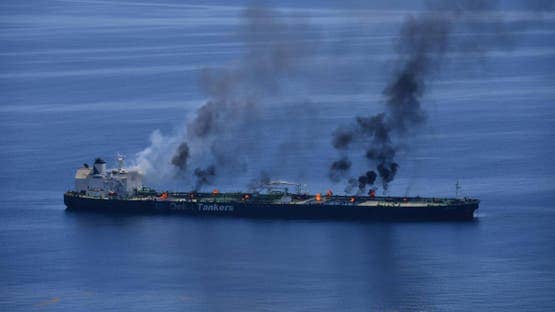 Fire engulfs ship in the Gulf of Aden following a suspected missile attack involving the Houthis